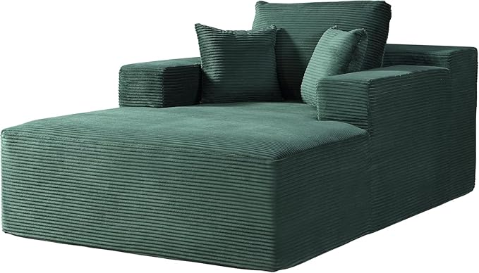 Monroe Convertible Chaise Lounge Chair Indoor – Oversized Corduroy Couch with Wide Armrest &amp Throw Pillows Cozy Boneless Sleeper Sofa Bed Armchair Dark Green