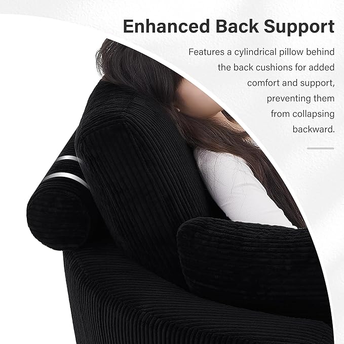 DEINPPA 51'' Accent Swivel Barrel Chair with Storage Ottoman Modern Oversized Round Leisure Sofa Chaise with Tray Pillows Corduroy Upholstered Lounge Chair for Bedroom Living Room Hotel Club Black