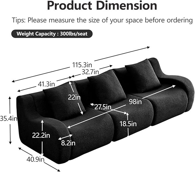 Black 3-Seater Cloud Couch Modern Teddy Fabric Boneless Sectional Sofa in a Box for Living Room Modular Floor Couch Deep Seat No Assembly Required Sofas para Sala