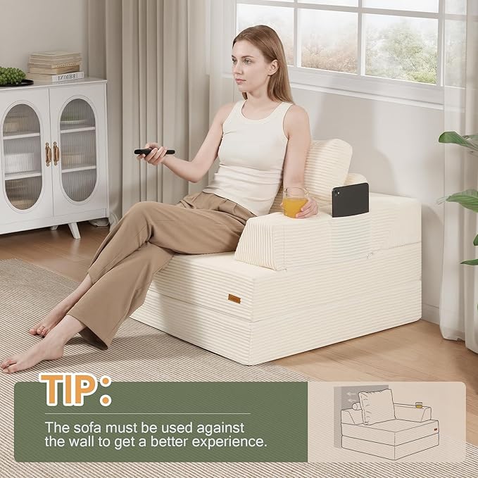 COMAX Folding Sofa Bed Foldable Couch for Bedroom Corduroy Convertible Floor Sleeper Futon Chair Foam 3 in 1 Fold Out Chair Portable Comfy Lounge Couch Single Sofa Bed for Small Space Guest Room