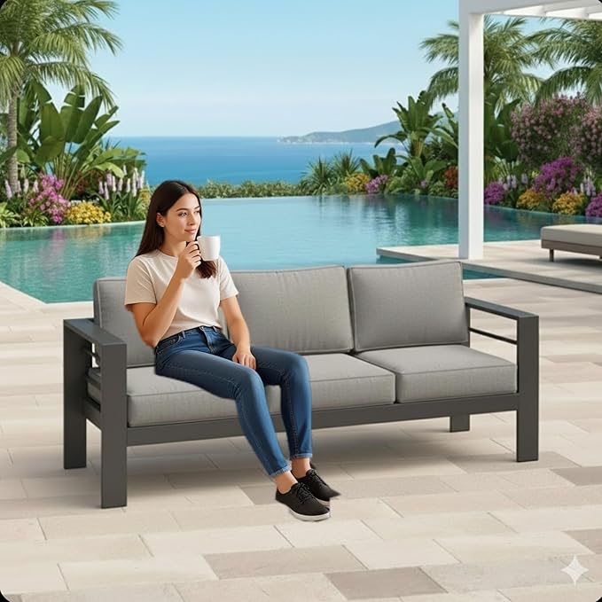 75 All-Weather Sofa Bed with Heavy-Duty Frame Stylish Sofa Bed with Water-Repellent Olefin Comfort 3-Seater Sofa with High-Density Foam for Patio Balcony Gray+Gray