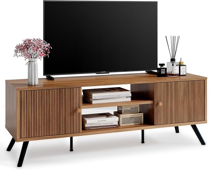 COMHOMA TV Stand for Living Room Mid Century Modern Entertainment Center for 55/60/65 Inch TVs Retro Brown TV Console with Fluted Door Cabinets and Open Adjustable Shelve Storage for Bedroom