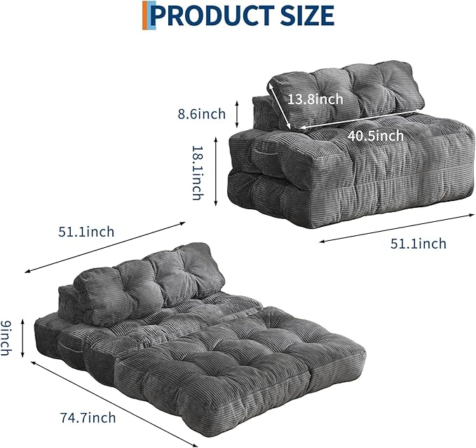 Folding Sofa Bed with Back Support Convertible Sleeper Chair with Pilow Foldable Matress Portable Fold Out Chair Bed Comfy Floor Sofa Lounge for Living Room Bedroom Grey Double