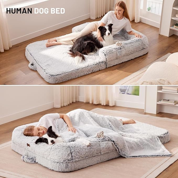 Human Dog Bed for Adult 2 in 1 Foldable Giant Dog Bed for People Fits Pet Families Egg Foam Supportive Mat Waterproof Liner Faux Fur Human Size Pet Bed with Blanket 71x43x10 Grey