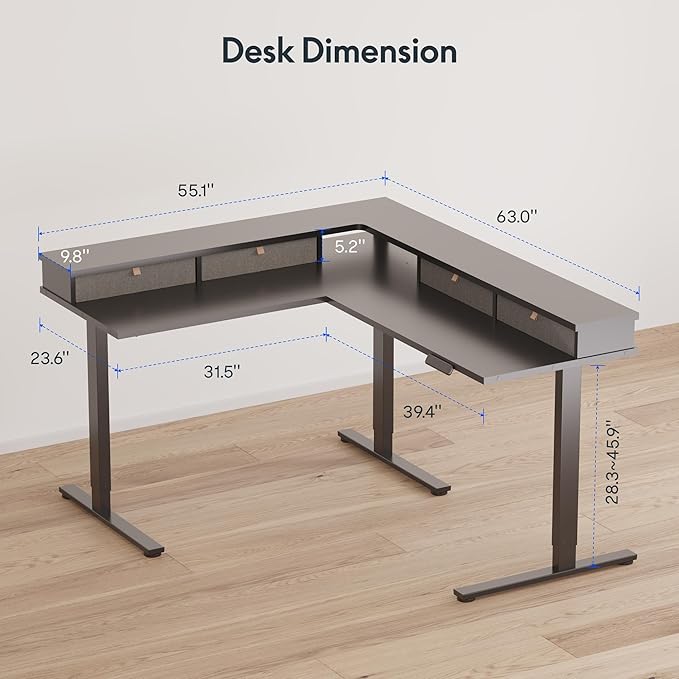FLEXISPOT 63 L Shaped Standing Desk Electric Corner Table with Monitor Shelf 4 Storage Drawers Adjustable Computer Workstation for Home Office Game Studio Black Top + Black Frame