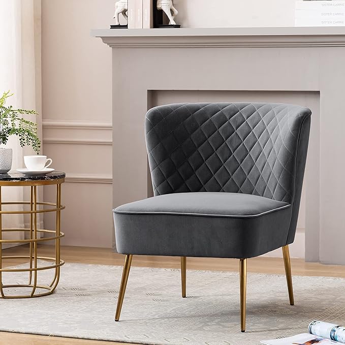 DUHOME Velvet Accent Chair Slipper ChairVanity Chairs Makeup Chair with Back Upholstered Sofa Chair Barrel Chair for Living Room Bedroom with Golden Legs Grey