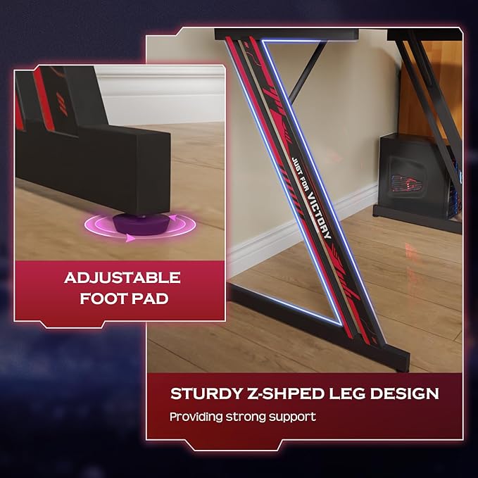 PayLessHere | 35 Gaming Table | Red | Z-Shaped Computer Desk with Steel Frame Headphone Hook Adjustable Feet | Carbon Fiber Texture Surface Sweat &amp Waterproof | for Gaming Home Office