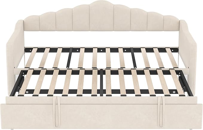 Bellemave Upholstered Twin Daybed with Pop Up Trundle USB &amp Type-C Charging Ports 2 Side Pockets No Box Spring Needed Velvet Modern Day Bed Frame (Beige)