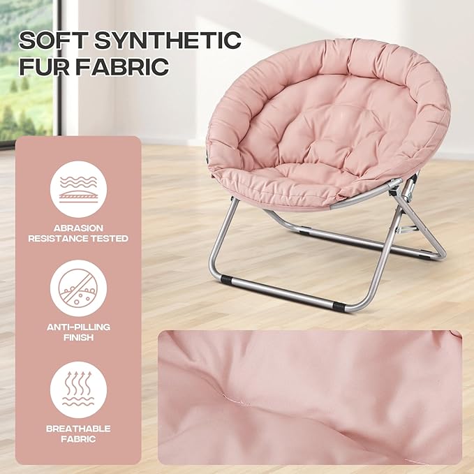 Cozy Saucer Chair Living Room Chair Faux Fur Soft Thick Padded Folding Chair Comfortable Moon Chair for Living Room Bedroom Reading Nook Modern Style 2 Pack Pink