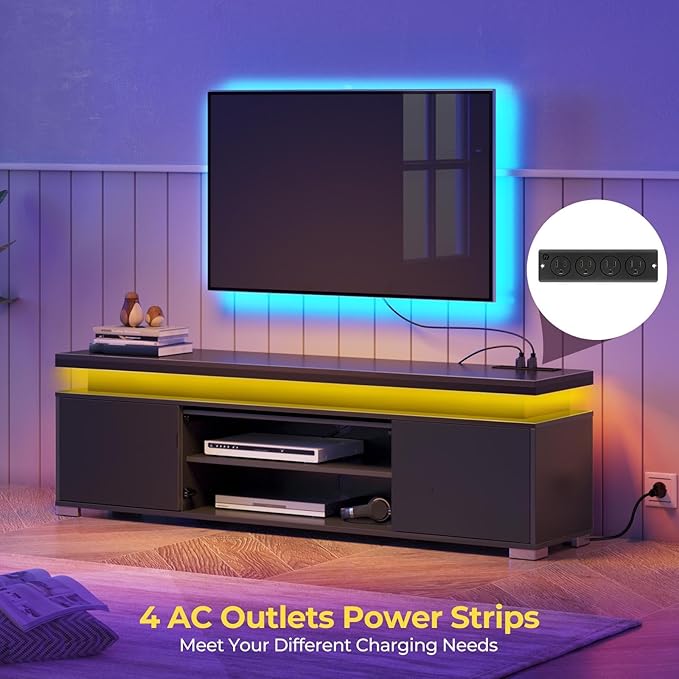 Rolanstar TV Stand with Power Outlet &amp LED Lights Modern Entertainment Center for 32/43/50/55/65 Inchs TVs TV Table Universal Gaming LED TV Media Stand with Large Storage Cabinet Black
