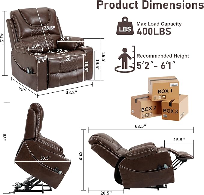 Oversized Power Lift Recliner Chair 400 LBS for Big and Tall Elderly 26 Extra Wide Zero Gravity Electric Recliner Chair with Massage and Heating Leather Home Theater Seat Brown