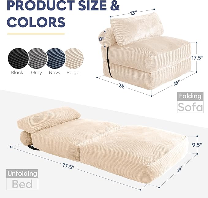 SHOUREN Folding Sofa BedConvertible Sleeper Chair Bed with PillowFoldable Futon Couch Mattress with Back SupportPortable Lazy Floor Sofa Lounger Beige Single