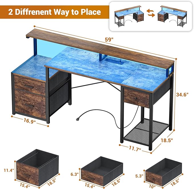Aheaplus Computer Desk with 3 Drawers Home Office Desk with File Drawer &amp Power Outlet 59'' Gaming Desk with Led Lights Long Work Desk with Storage Printer Cabinet and Monitor Shelf Rustic Br