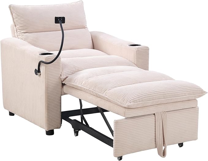 EBELLO Convertible Small Sleeper Sofa Chair 3-in-1 Corduroy Futon Sofa Bed 1 Seater Couch Daybed with Charging Ports Phone Cup Holders Adjustable Backrest for Small Living Room Beige
