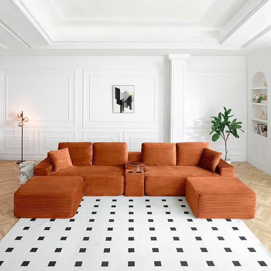 150 Oversized Modular Sectional SofaDeep Seat Cloud Corduroy Boneless Couch with Cup HoldersUSB Ports Wireless Charging &amp Storage BoxUpholstered Modular Sleeper Sofa for Living Room (Orange)