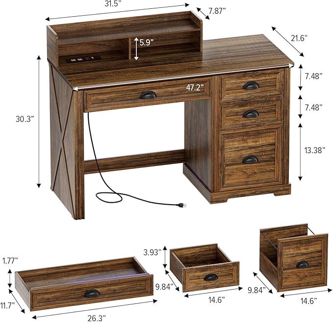 Computer Desk with Monitor Stand 47 in Farmhouse Home Office Desk with LED Lights Power Outlets Executive Desk with Storage for Working Gaming Study Writing Table for Bedroom Walnut