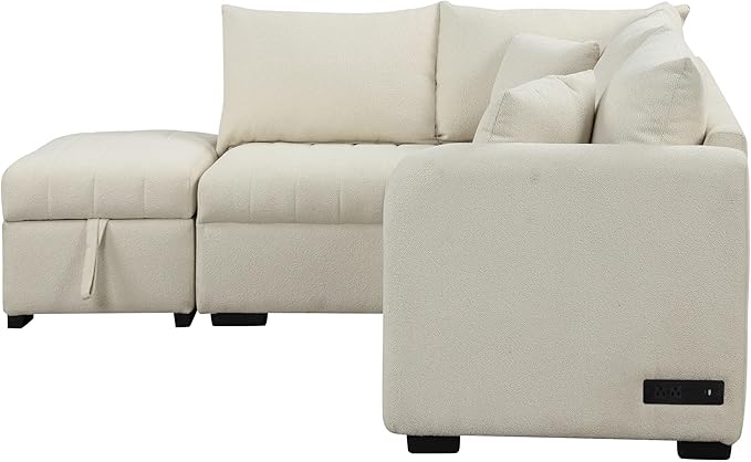 LUMISOL 82.6 Convertible Sleeper Sofa Bed with Storage Ottoman L-Shaped Sectional Sofa with Charging Stations Pull Out Sofa Couch with Chaise for Living Room Apartment Beige