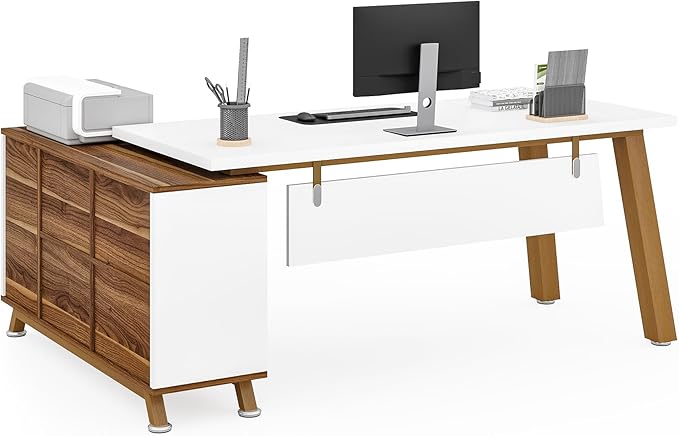 LITTLE TREE 70.8 Office Desk with 55 File Cabinet Combo L-Shaped Executive Desk with Storage Drawers &amp Shelves Wooden Home Office Desk Large Business Furniture White and Brown
