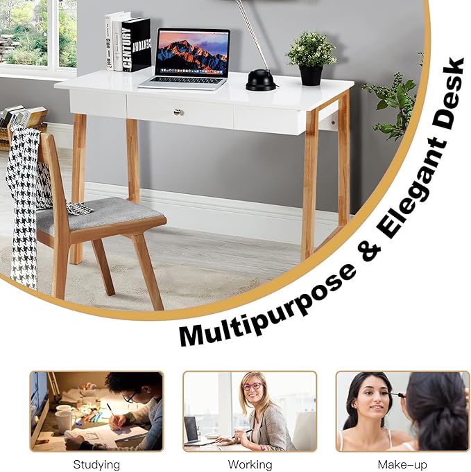 COSTWAY 42 Computer Desk with Storage Drawer Modern Home Office Writing Study Table with Solid Rubber Wood Legs &amp Non-Slip Foot Pads Multifunctional Makeup Vanity Dressing Table (Wood and White