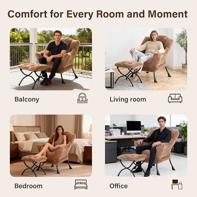 Lazy Chair with Ottoman Modern Accent Chair Lounge Leisure Sofa Chair with Armrests Reading Chair and Folding Footstool for Living Room Bedroom Office Plush Brown