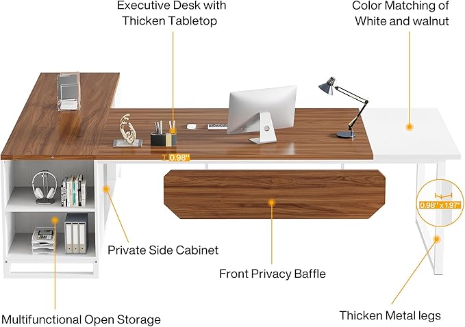 Tribesigns 70.8 L-Shaped Executive Desk with 55 File Cabinet Large Home Office Computer Desk with Storage Shelves and Cabinet Modern Business Furniture Set Home Office Walnut White
