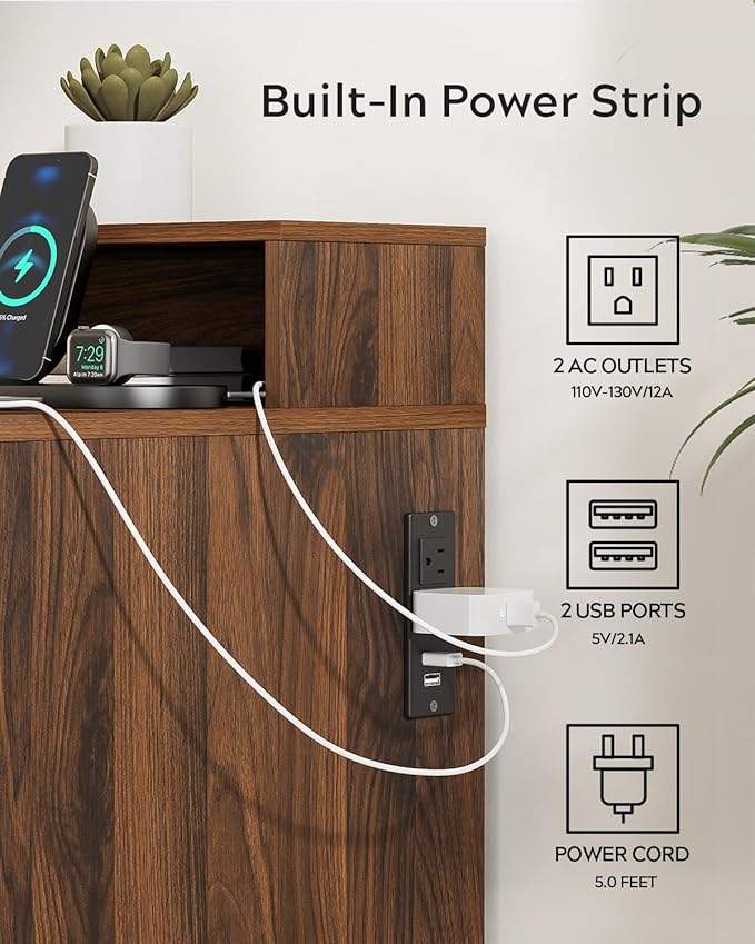 Brown Fluted Executive Desk with Storage Shelf &amp File Drawer 55 Modern Wood Office Desk with Monitor Stand &amp Charging Station Home Writing Computer Table for Work Study