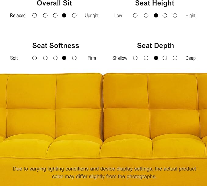 Convertible Futon Sofa Bed Sleeper Couch Bed with Adjustable Backrests Linen 3 Seater Small Couches for Small Spaces Living Room Bedroom(Yellow 75)