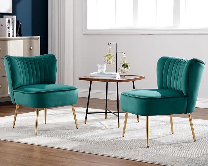 KCC Modern Velvet Upholstered Accent Chair Set of 2Mid Century Living Room Chairs with Golden LegsComfy Armless Chair Wingback Single Sofa Side Chair for BedroomDark Green