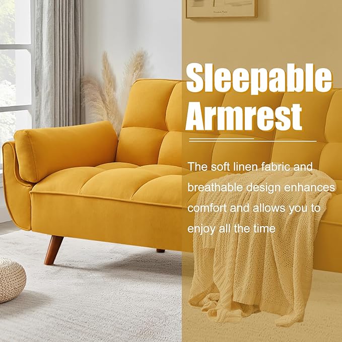 Convertible Futon Sofa Bed Sleeper Couch Bed with Adjustable Backrests Linen 3 Seater Small Couches for Small Spaces Living Room Bedroom(Yellow 75)