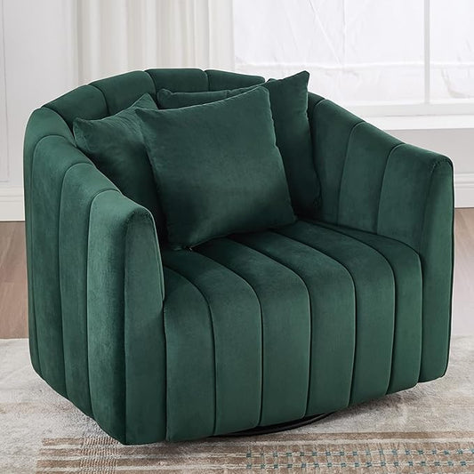 40 Inch Barrel Swivel Chairs with 3 PillowsGreen Velvet Swivel Chairs for Living RoomModern Accent ChairLarge Armchair 350lbs