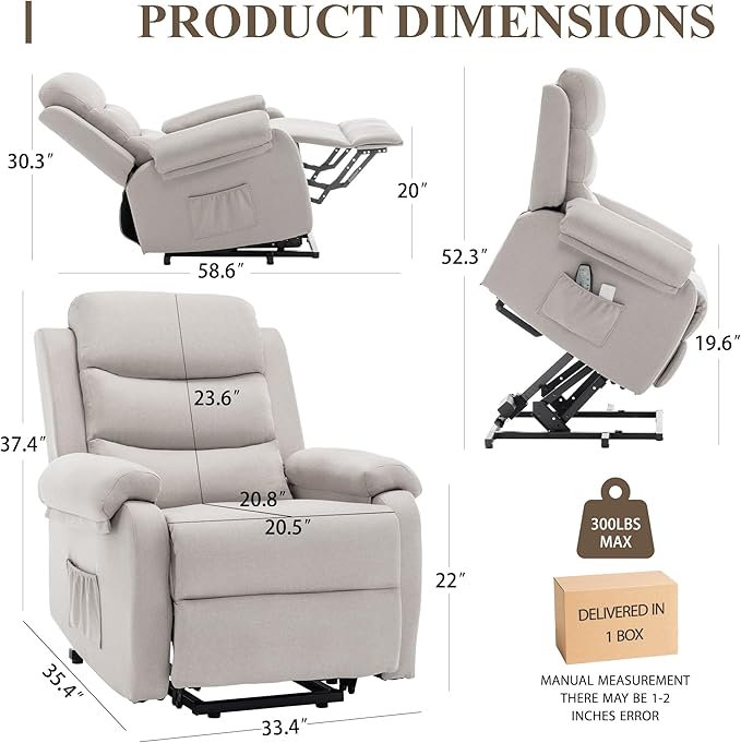 Power Lift Recliner Chair with Massage and Heat for Elderly Electric Lift Chair for Adults Small Recliner for Living Room Reading Room Recliner Saves Your Favorite Position Beige