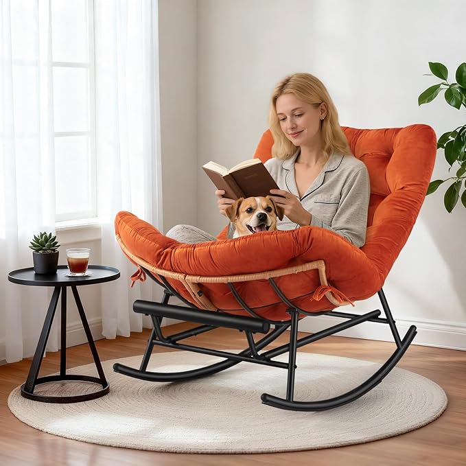 GarveeHome Indoor Papasan Rocking Chair Rattan Rocker with Extendable Footrest &amp Detachable Flannel Cushion 352lbs Sturdy Large Reading Lounge for Indoor Bedroom Living Room Orange