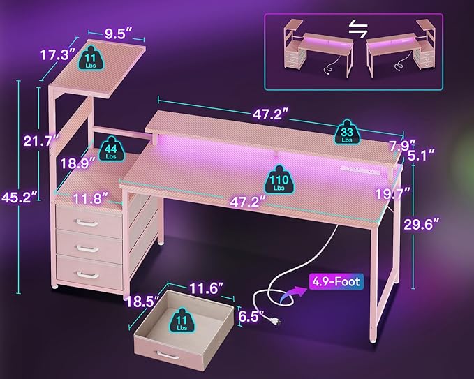 AODK 59 Inch Gaming Desk with USB Charging Ports &amp LED Light- Reversible Computer Desk with Storage Shelves &amp Monitor Stand Modern Gamer Desk Table with Fabric Drawers &amp Side Hook Carbon