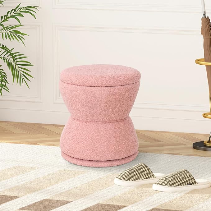 DHMAKER Round Storage Ottoman Swivel Teddy Vanity Stool ChiarModern Sherpa Footstool Makeup Chair Upholstered Footrest for Living Room Bedroom EntrywayPink