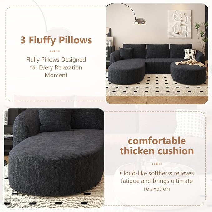 111 U Shaped Modern Modular Sectional Curved Sofa with Ottoman Minimalist Style Comfy Cloud Couch for Living Room Apartment No Assembly Required Boneless Couches (BlackLeft Facing Chaise)