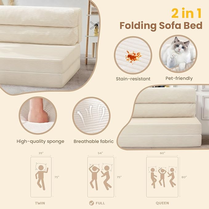 Folding Sofa Bed Convertible Sleeper Chair with Pilow Foldable Matress 2 in 1 Pull Out Loveseat Sofa Portable Fold Out Chair Bed Floor Couch Lounge for Living Room Bedroom (Beige Twin)