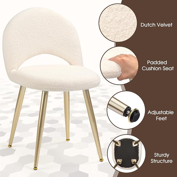 Vanity Chair with Adjustable Backrest Boucle Upholstery Armless Makeup Stool Cream White Sherpa Vanity Stool with Gold Metal Legs for Bedroom Living Room Kitchen Dinning Room(White)