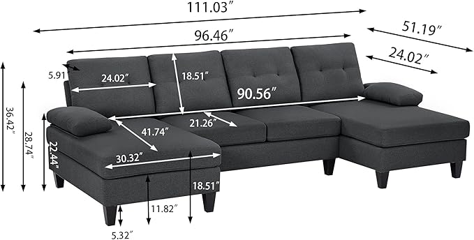 111 Sectional Couch for Living Room 4 Seater U-Shaped Sofa Couches with Double Chaises Polyester Fabric Dark Grey