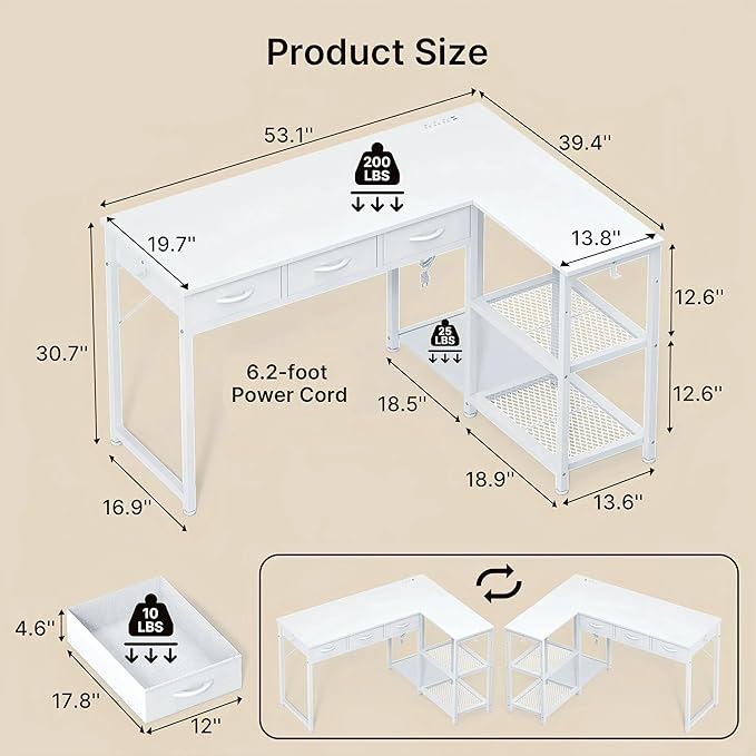 Gizoon 53 Inch White L Shaped Gaming Desk with CPU Stand &amp Power Outlet - Reversible Corner Desk with Drawers Storage Shelves and 2 Hooks for Gaming Setup Home Office Living Room