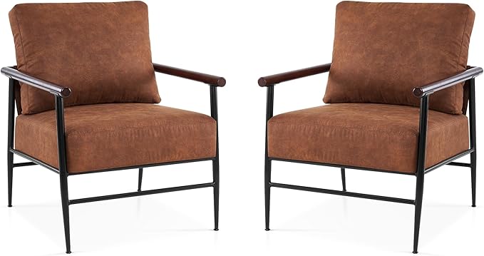 MCombo Modern Accent Chairs Armchair with Upholstered Cushion Leathaire Fabric Lounge Chairs for Living Room 4748 (2 Saddle)