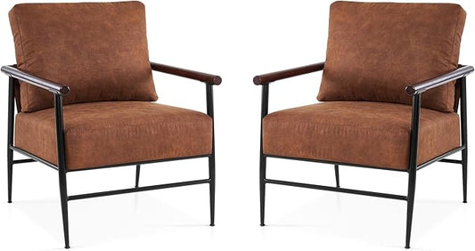 MCombo Modern Accent Chairs Armchair with Upholstered Cushion Leathaire Fabric Lounge Chairs for Living Room 4748 (2 Saddle)