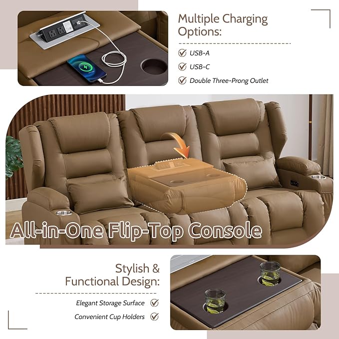 SAMERY Loveseat Recliner Sofa Power Reclining Loveseat Sofa Wall Hugger Recliners RV Couch with Flip-Backrest Solid Wood Top Ambient LED Lights USB-C Outlets Faux Leather Khaki | Extra Wide Se