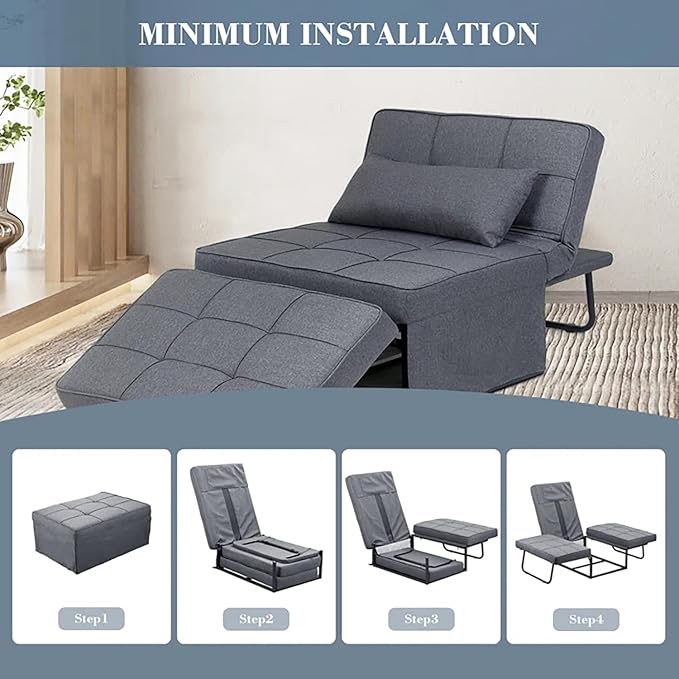 Ainfox Convertible Sofa Bed4-in-1 Multi-Functional Futon Chair Bed Folding &amp No Installation Sofa Couch with Adjustable Backrest Recliner for Living Room Small Spaces and Office(Light Grey)