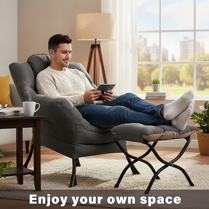 Lazy Chair with Ottoman Large Dark Grey Accent Chair with a Side Pocket Modern Leisure Upholstered Sofa Reading Armchair with Footrest for Office Bedroom Living Room Dorm Rooms Balcony