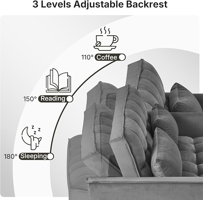 Rovibek 3 in 1 Sleeper Sofa Bed 53'' Pull Out Couch Convertible Futon Loveseat with Adjustable Backrest Velvet Sleeper Chaise Lounge Futon for Apartment Office Small Space Dark Grey