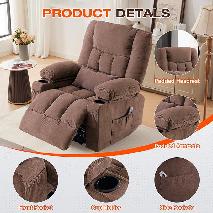 Swivel Recliner Chair for AdultsRocker Recliner with Vibration Massage and Lumbar HeatErgonomic Rocking Chair with Side Pocket2 Cup Holders for Living Room
