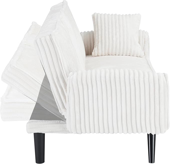 72'' Fabric Loveseat Sofa Comfy Corduroy Couch with 2 Embedded Teacup Holders 2 Seater Sofa with Adjustable Backrest Modern Small Convertible Futon Sofa Bed for Living Room Apartment (White)