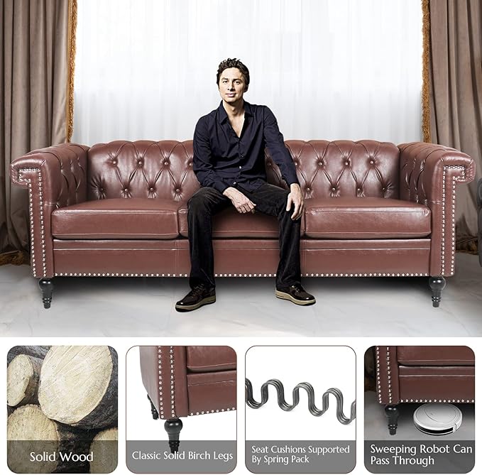 Brown Couches Sofas Chesterfield Sofas for Living Room Deep Seat Comfy 3-Seater Faux Leather Couch Classic Tufted Upholstered Couches for Bedroom Office Easy to Assemble