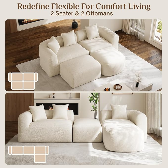 120 Curved Sectional Sofa Cream Cloud Couch Boneless Modular Sectional Couch for Living Room Oversized L Shaped Curved Couches Comfy Modern Sofa Plush Chenille with Ottoman Cream White