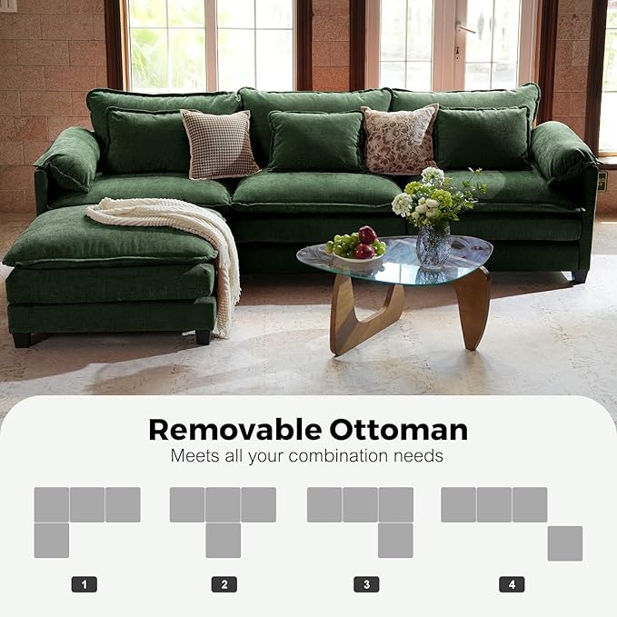 ELUCHANG 150 Oversized Modular Sectional Sofa Comfy U Shaped Cloud Couch with Removable Cover 6-Seat Deep Seat Modern Sofa Couches for Living Room Bedroom and Apartment Chenille Green